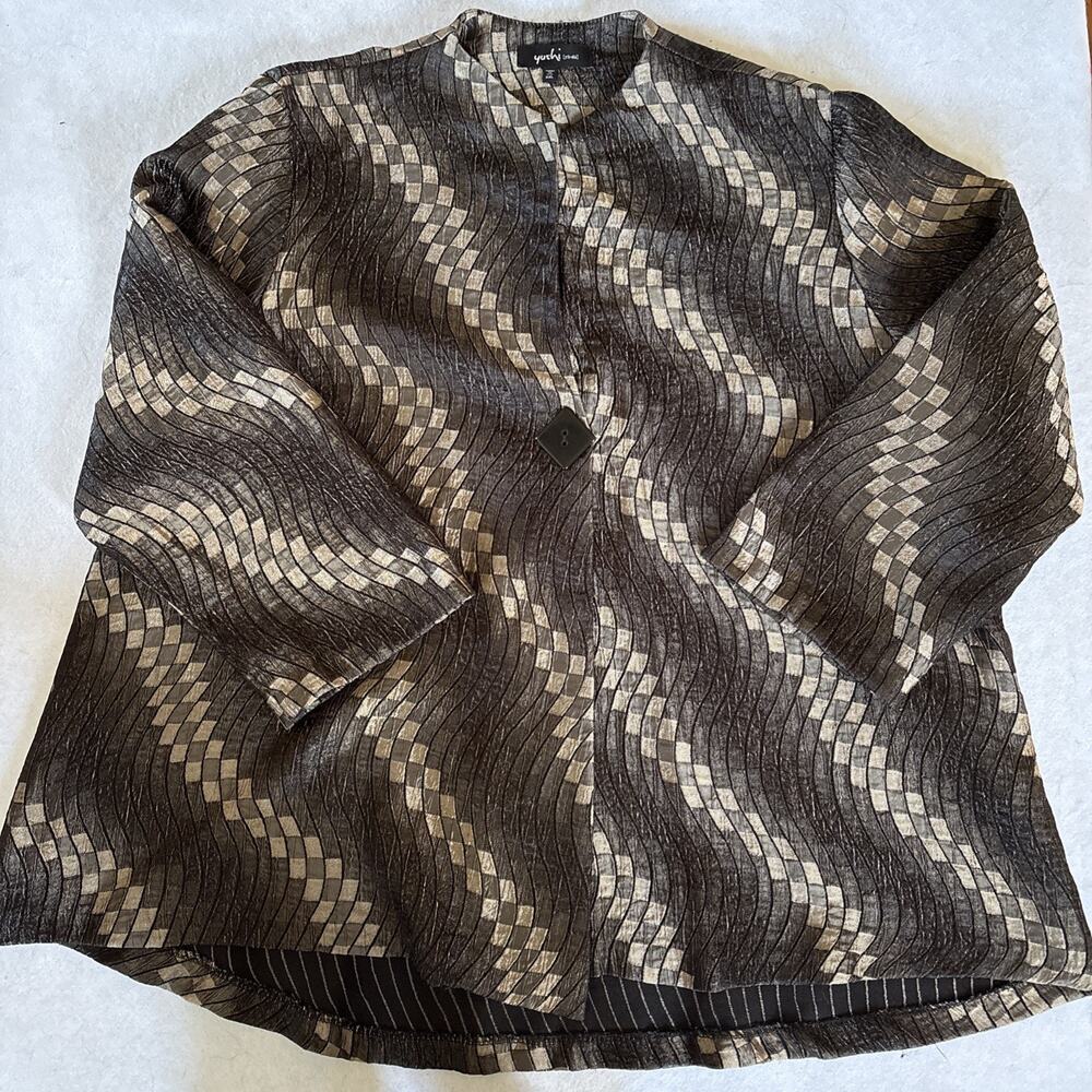 Yushi Swing Jacket XXL Black Brown Geometric Button Art To Wear Lagenlook Top